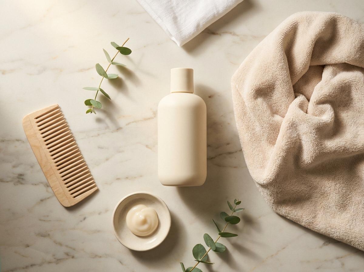 Editorial-Flatlay einer Conditioner-Routine auf Marmor – cremige Conditioner-Flasche, Holzkamm, Mikrofaser-Handtuch und Eukalyptus-Zweig im Morgenlicht