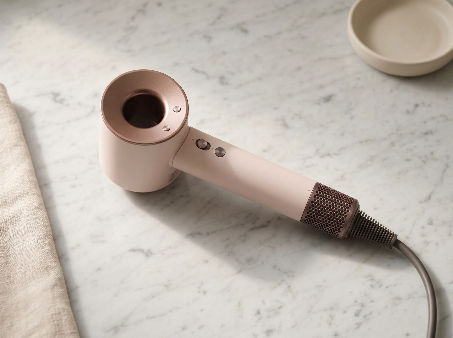 Dyson Supersonic Nural HD16 in Ceramic Pink liegend auf Carrara-Marmor