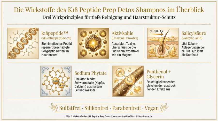 K18 Detox Shampoo Wirkstoffe Infografik – k18peptide, Aktivkohle, Salicylsäure