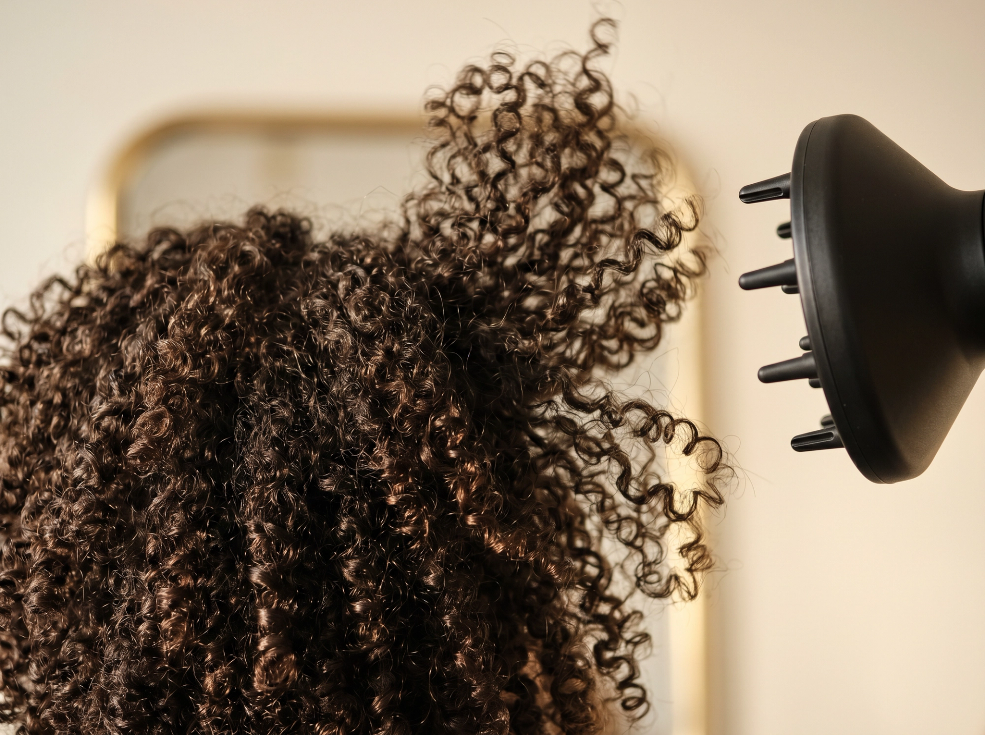 Editorial Macro-Detail: voluminöse dunkelbraune 4A-Coily-Curls werden von einem matt-schwarzen label-freien Diffusor-Aufsatz angehoben und in Form gebracht – goldenes Fensterlicht zeichnet jede Ringel-Kante