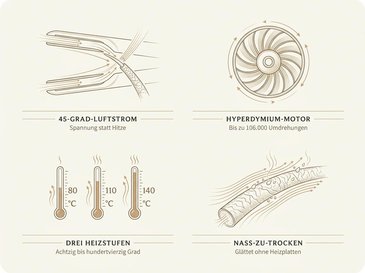 Infografik zur Dyson-Airstrait-Technologie: Luftstrom, Hyperdymium-Motor, Glasperlen-Sensor und 45-Grad-Winkel