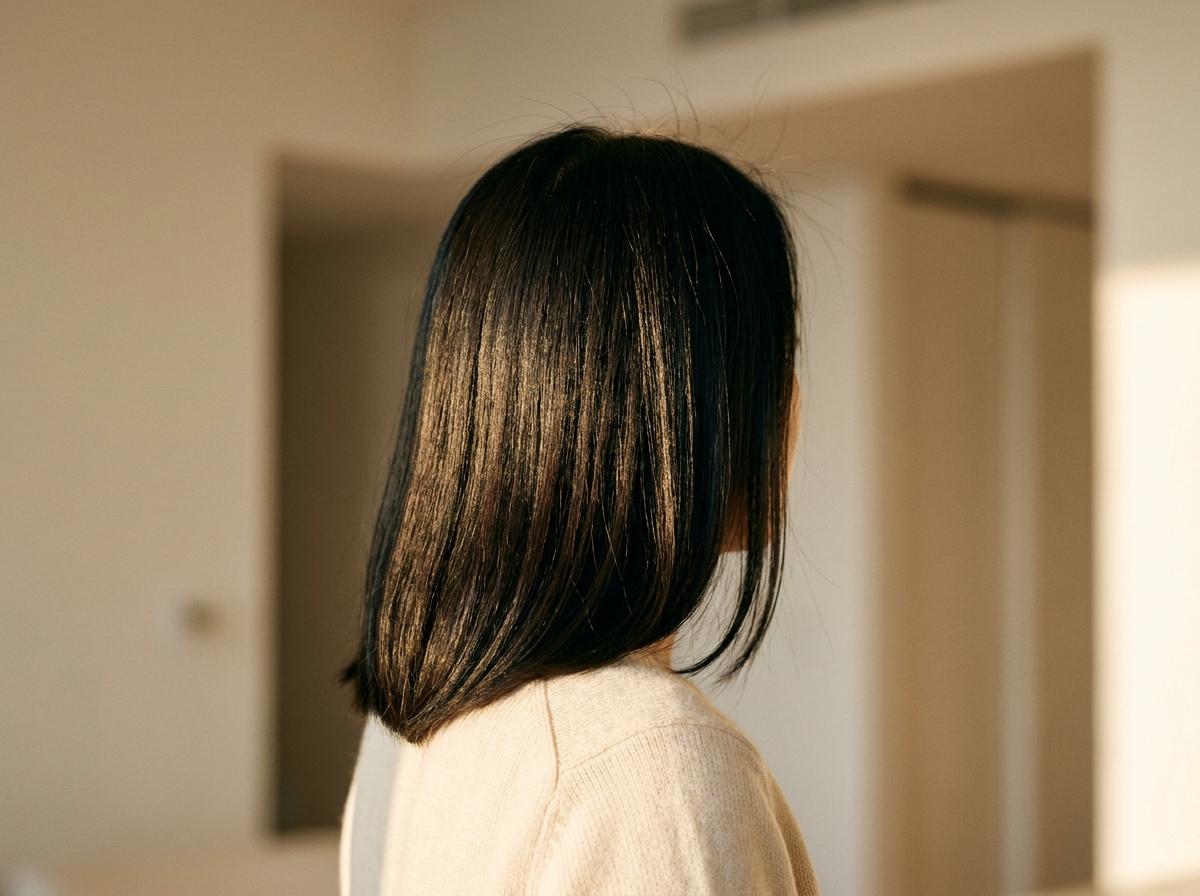 Success-State nach korrekter Heim-Keratin-Behandlung: glasglatte dunkelbraune Strähnen mit hyper-glaenzendem Mid-Shaft-Glanz
