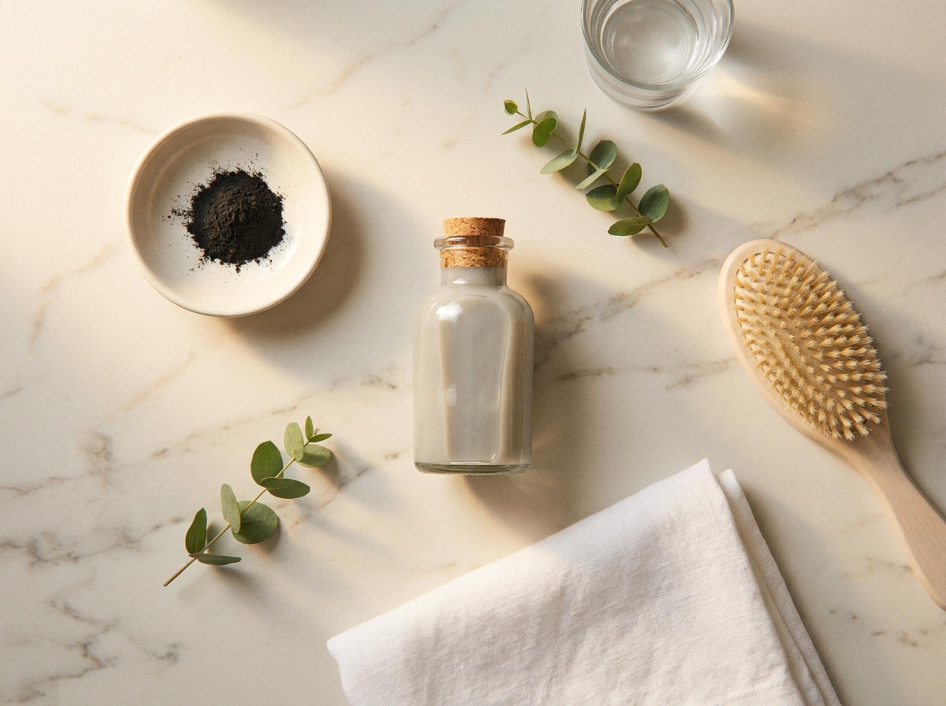 Editorial-Flatlay einer Clarifying-Routine auf Marmor – schwarze Aktivkohle, Apothekerflasche mit Detox-Shampoo, weiße Holzbürste und Eukalyptus-Sprig
