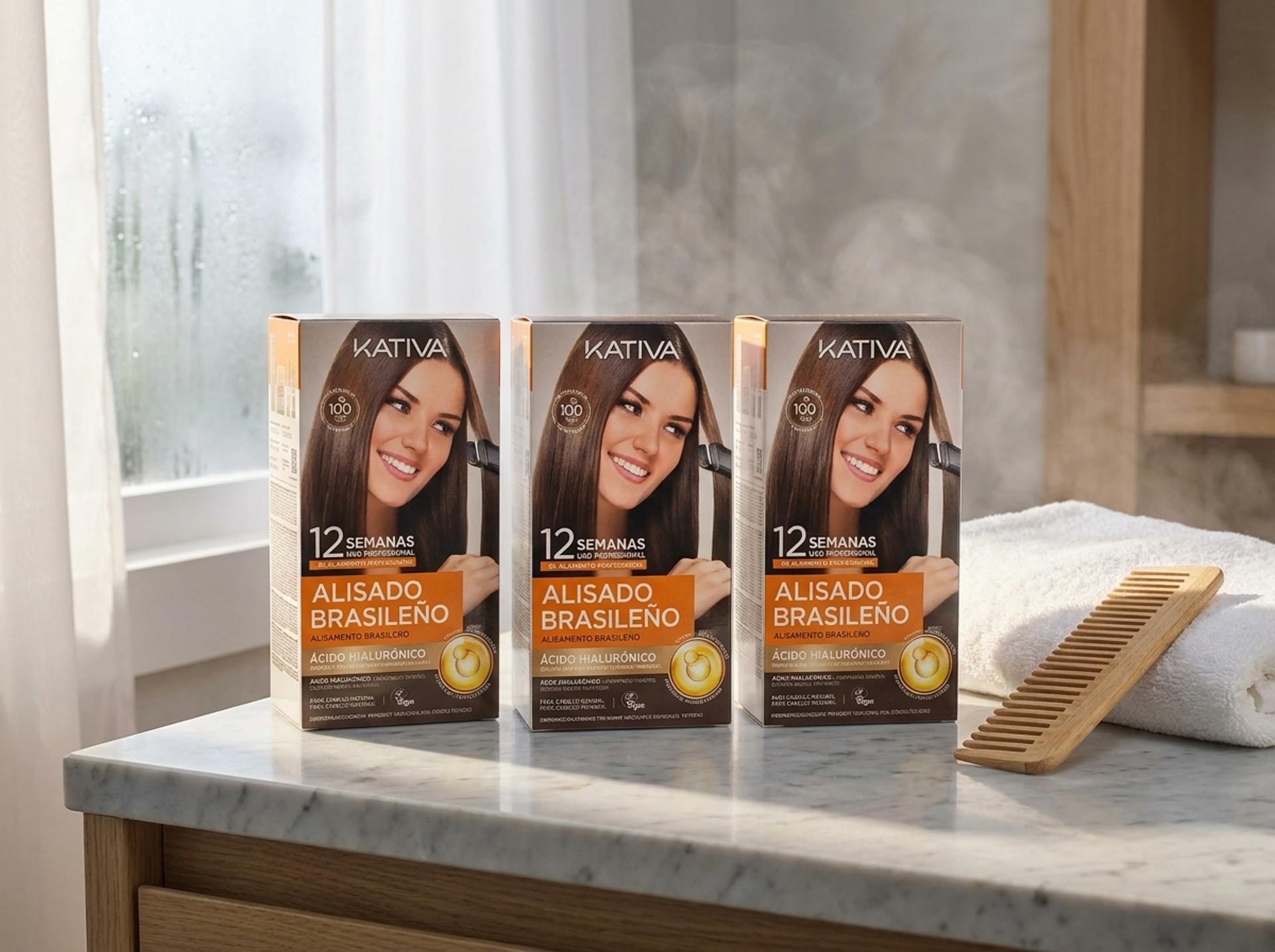 Kativa Brasilianisches Glättungs-Set auf einem Marmor-Waschtisch mit weißem Handtuch und Holzkamm