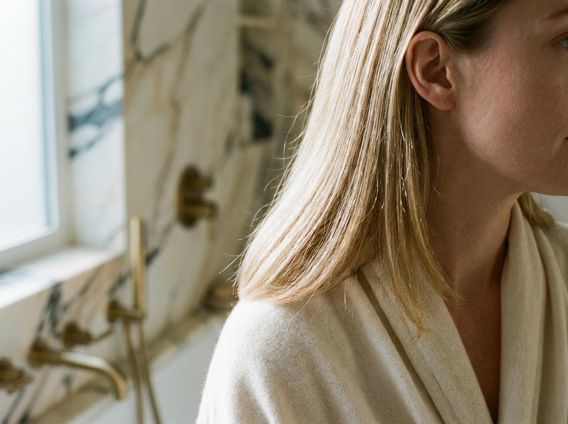 Result-Shot nach Bond-Repair-Routine: gepflegtes, hyper-glaenzendes hellblondes Haar in Three-Quarter-Front-Pose mit sichtbar definierten Straehnen – Premium-Bad