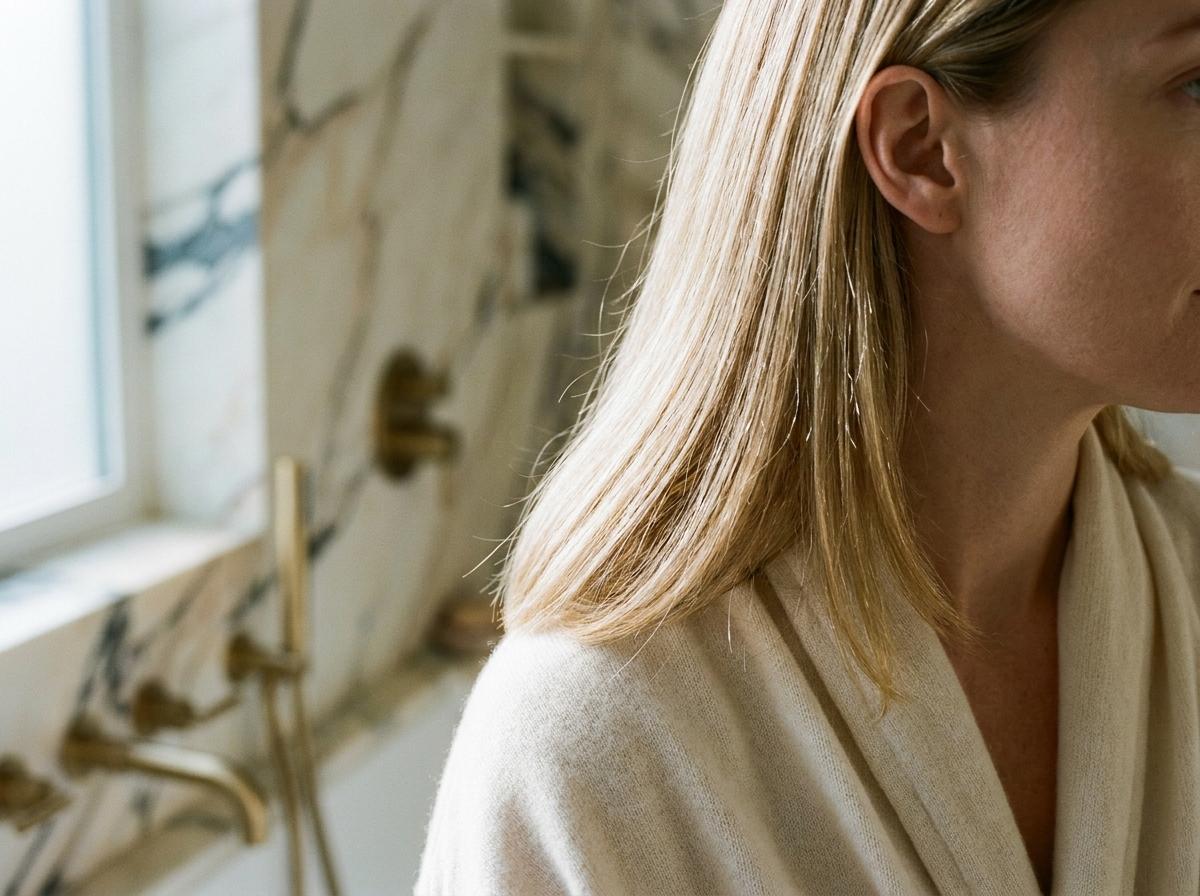 Result-Shot nach Bond-Repair-Routine: gepflegtes, hyper-glaenzendes hellblondes Haar in Three-Quarter-Front-Pose mit sichtbar definierten Straehnen – Premium-Bad