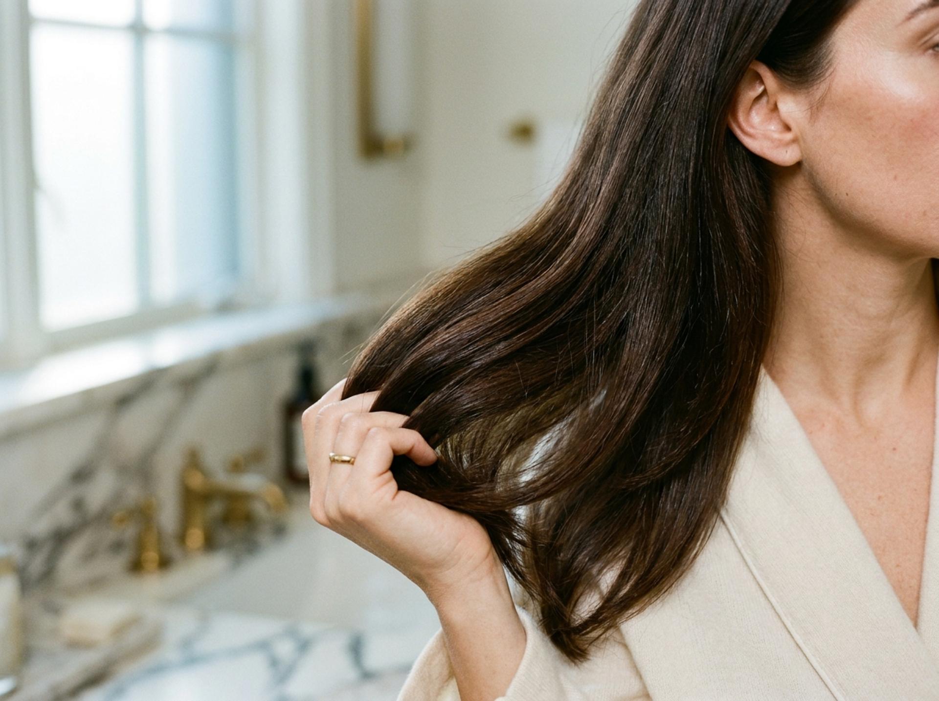 Result-Shot nach Olaplex Nº.5 Conditioner-Anwendung: langes, glatt fliessendes dunkelbraunes koloriertes Haar mit sichtbarer Glätte – eine Hand streicht durch die Laengen, Premium-Bad-Vanity