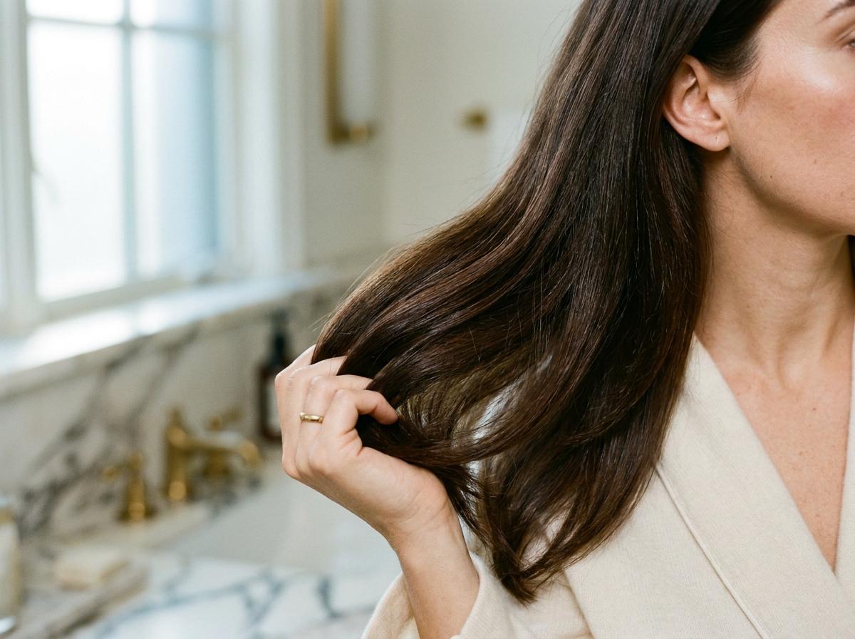 Result-Shot nach Olaplex Nº.5 Conditioner-Anwendung: langes, glatt fliessendes dunkelbraunes koloriertes Haar mit sichtbarer Glätte – eine Hand streicht durch die Laengen, Premium-Bad-Vanity
