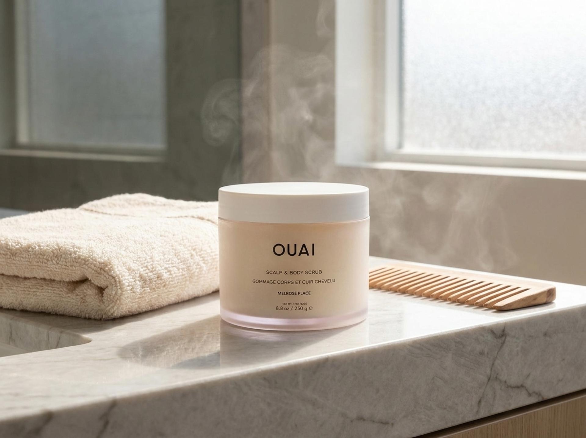 OUAI Scalp & Body Scrub auf hellem Marmor-Waschtisch mit weichem Handtuch und Holzkamm