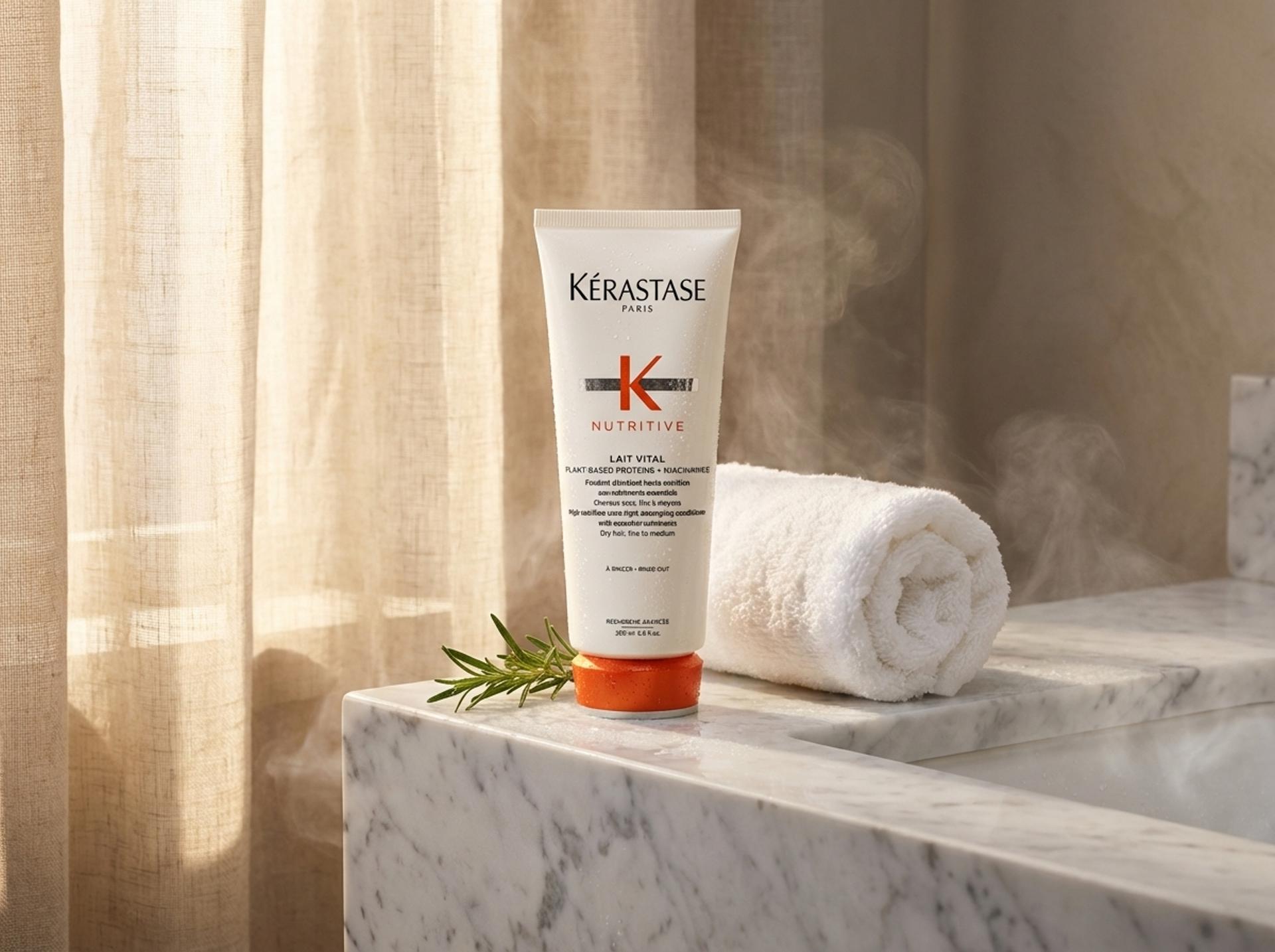 Kérastase Nutritive Lait Vital auf Marmor-Waschtisch mit weissem Handtuch und Rosmarinzweig