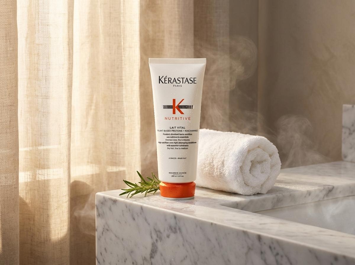 Kérastase Nutritive Lait Vital auf Marmor-Waschtisch mit weissem Handtuch und Rosmarinzweig