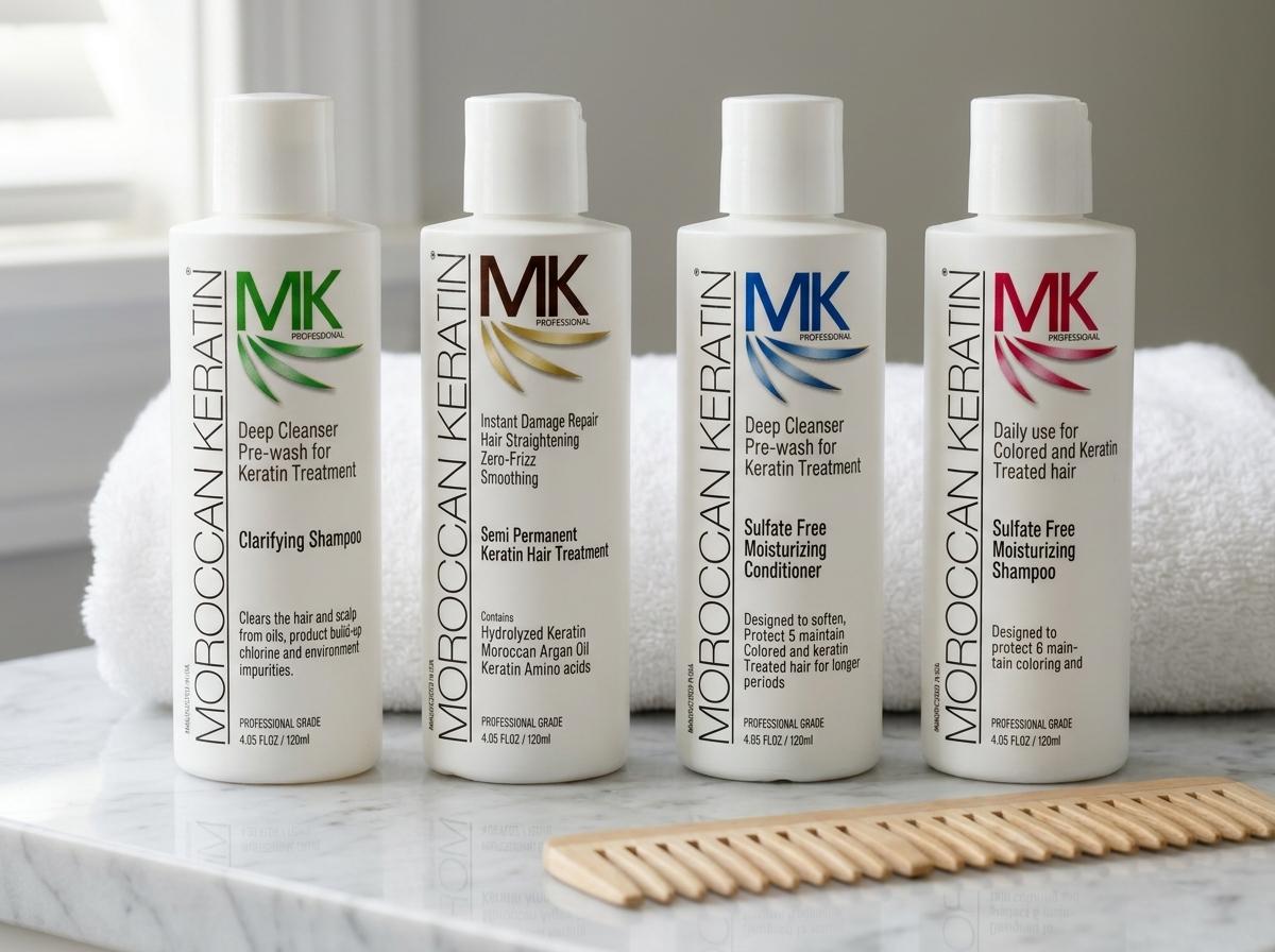 Moroccan Keratin Set mit vier Flaschen auf einem Marmor-Waschtisch neben einem weißen Handtuch und Holzkamm