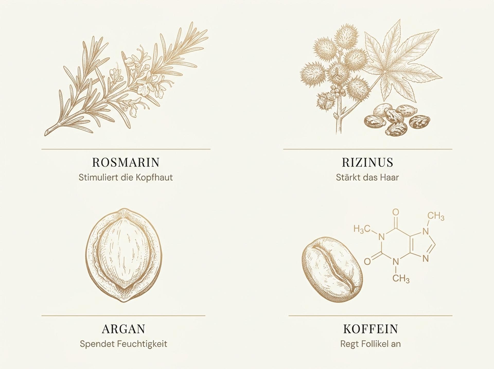Infografik zu den Wirkstoffen des Forest & Shore Thrive Haaröls: Rosmarin, Rizinus, Argan und Koffein