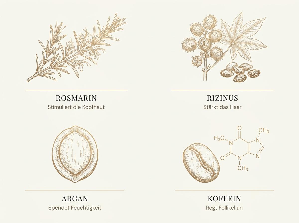 Infografik zu den Wirkstoffen des Forest & Shore Thrive Haaröls: Rosmarin, Rizinus, Argan und Koffein