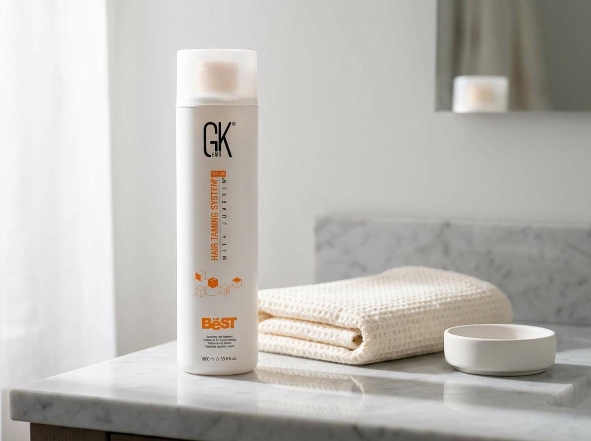 GK Hair The Best Profi-Flasche auf einem Marmor-Waschtisch im modernen Salon-Badezimmer mit weichem Morgenlicht