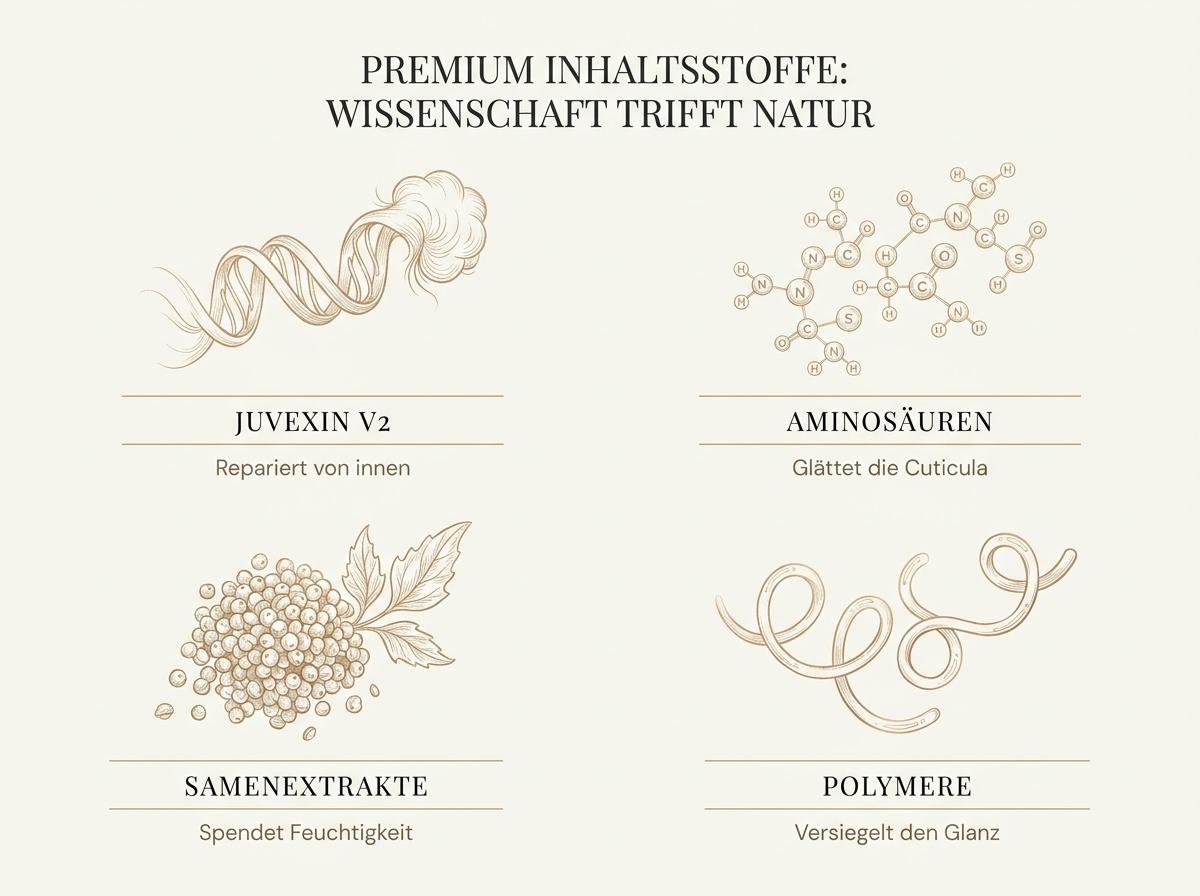 Infografik zu den vier Kern-Wirkstoffen im GK Hair The Best: Juvexin, Aminosäuren, Pflanzen-Samenextrakte und konditionierende Polymere