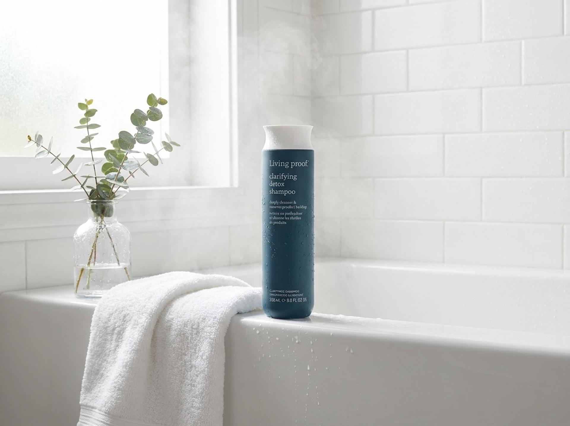 Living Proof Triple Detox Shampoo am Badewannenrand mit weissem Frottee-Handtuch, Subway-Tile-Wand und sanftem Morgendampf