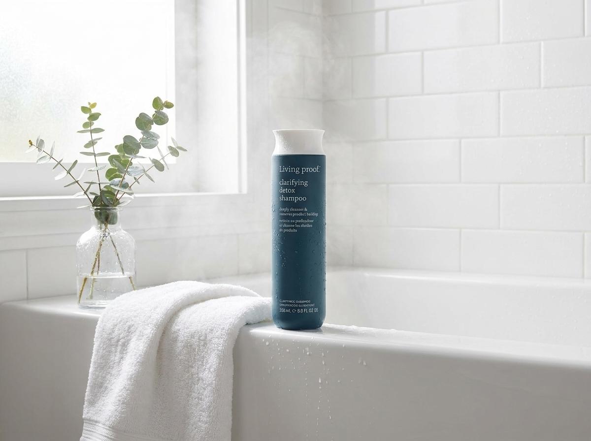 Living Proof Triple Detox Shampoo am Badewannenrand mit weissem Frottee-Handtuch, Subway-Tile-Wand und sanftem Morgendampf
