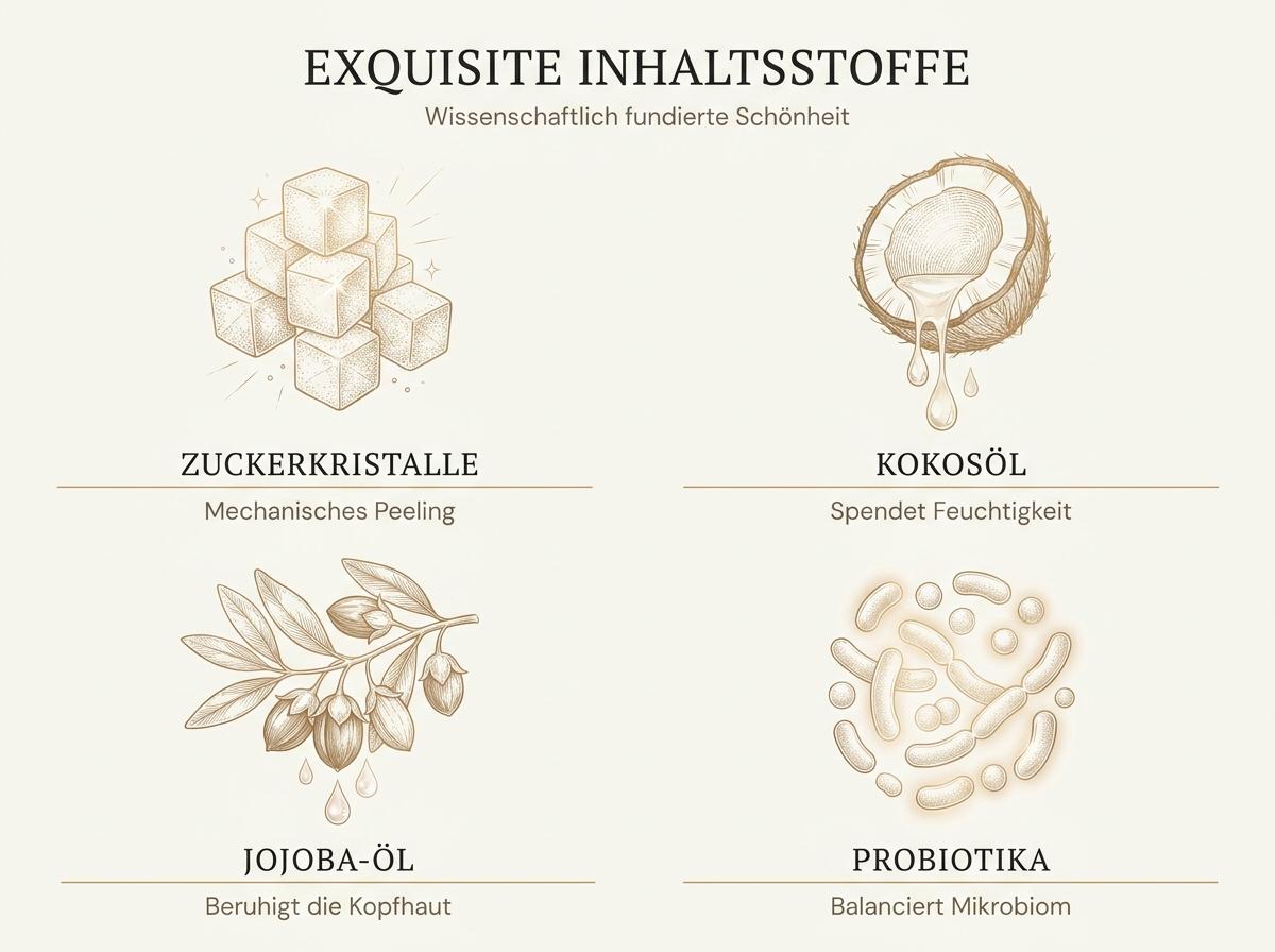 Infografik zu den vier Wirkstoffen im OUAI Scalp & Body Scrub: Zuckerkristalle, Kokosöl, Jojoba-Öl und Probiotika
