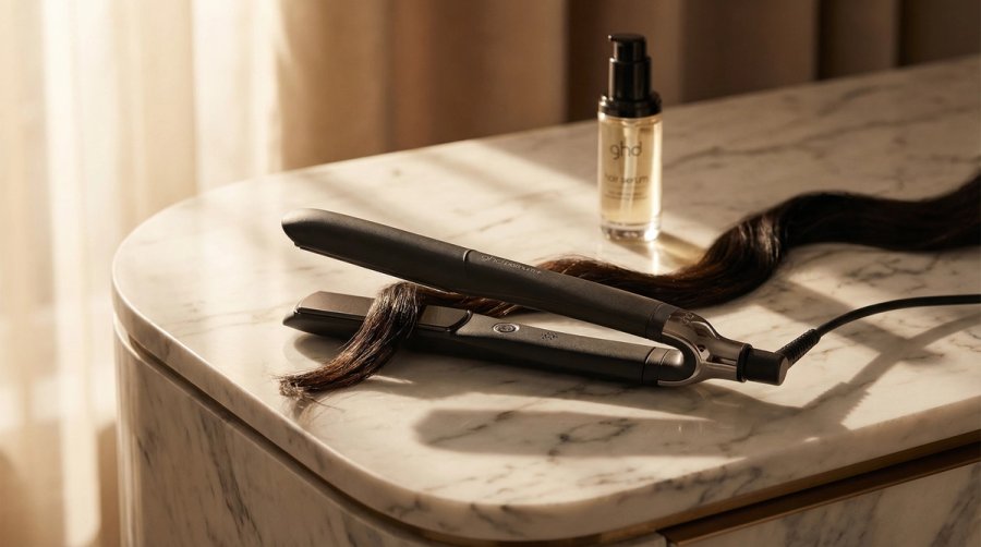 ghd Platinum+ Styler in elegantem Badezimmer-Setting mit warmem Morgenlicht