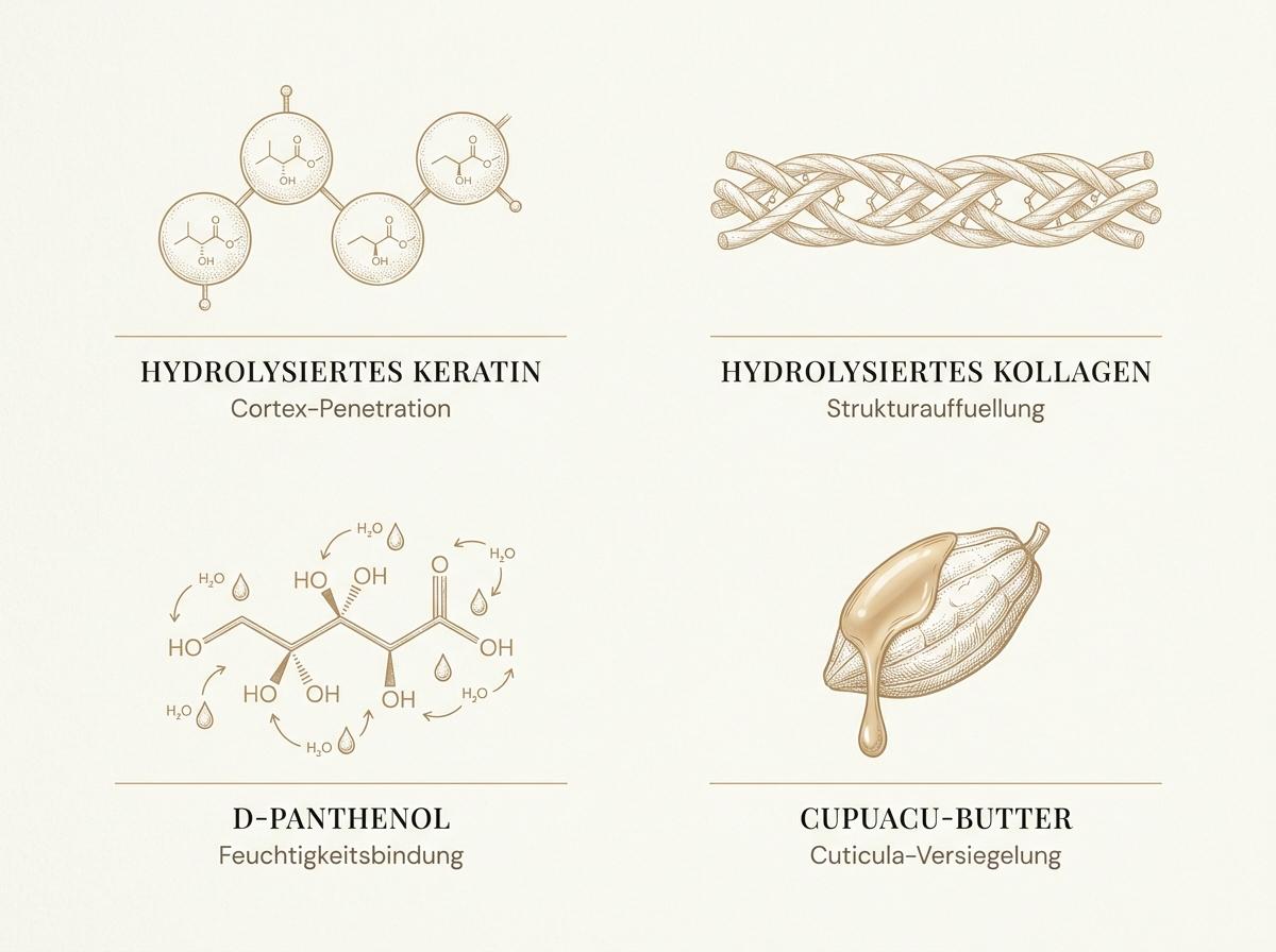 Infografik der Forever Liss BTX Zero Wirkstoffe: Hydrolysiertes Keratin, Hydrolysiertes Kollagen, D-Panthenol und Cupuaçu-Butter