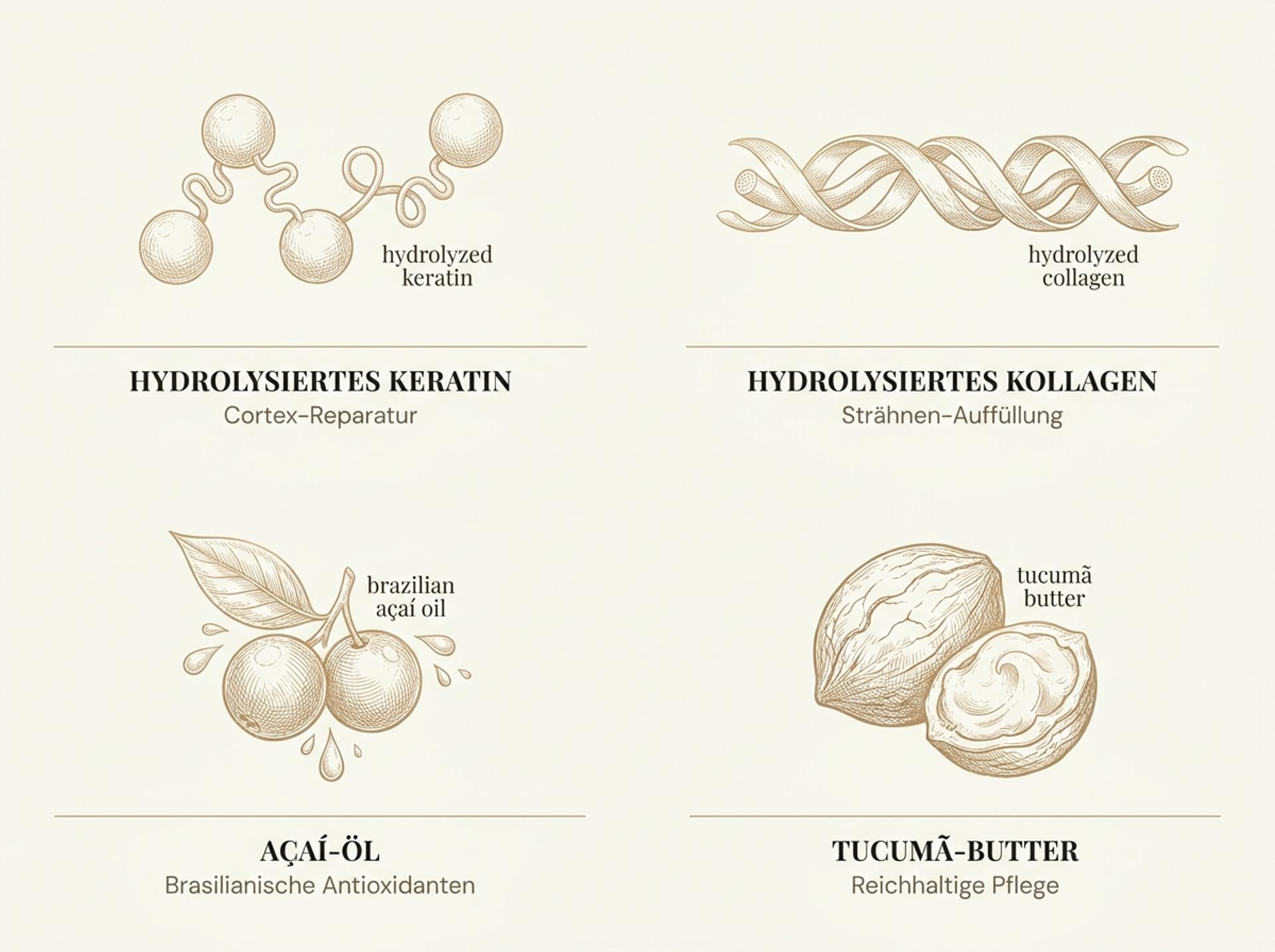 Infografik der Ravenna B-tox Wirkstoffe: Hydrolysiertes Keratin, Hydrolysiertes Kollagen, Açaí-Öl und Tucumã-Butter