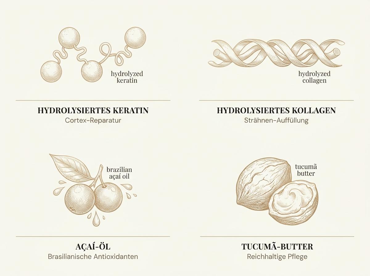 Infografik der Ravenna B-tox Wirkstoffe: Hydrolysiertes Keratin, Hydrolysiertes Kollagen, Açaí-Öl und Tucumã-Butter