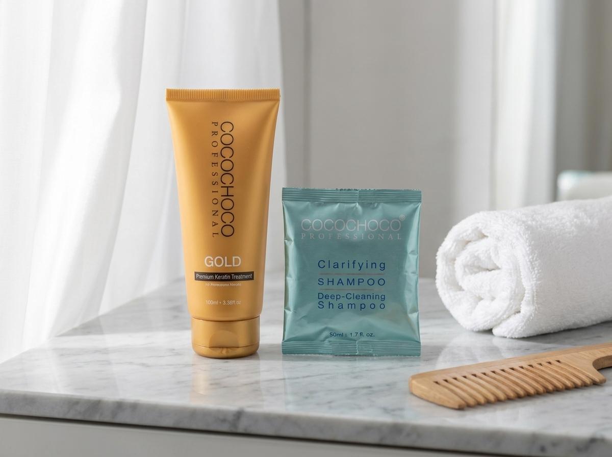 Cocochoco Gold Keratin Starter Kit auf einem Marmor-Waschtisch mit weissem Handtuch und einem Holzkamm