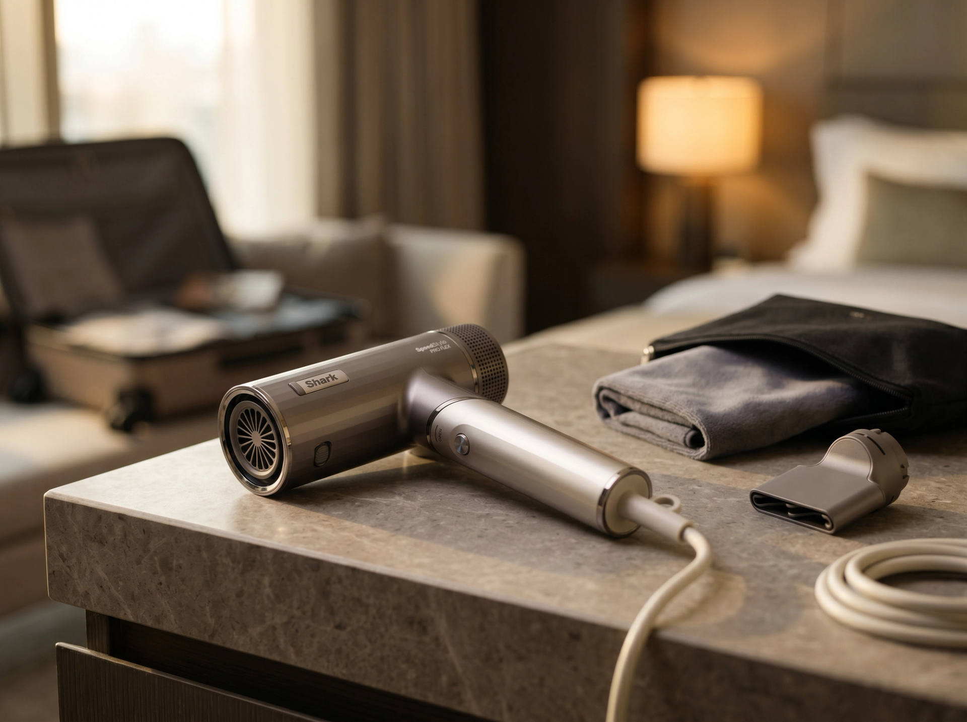 Shark SpeedStyle Pro FLEX liegt flach auf einer Stein-Vanity in einem warm beleuchteten Hotelzimmer, daneben eine Reise-Pouch und der Konzentrator-Aufsatz, im Bokeh ein offener Koffer