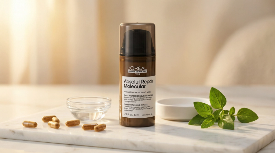 L'Oréal Professionnel Absolut Repair Molecular Leave-In auf Marmor mit Aminosäure-Kapseln und frischen Kräutern