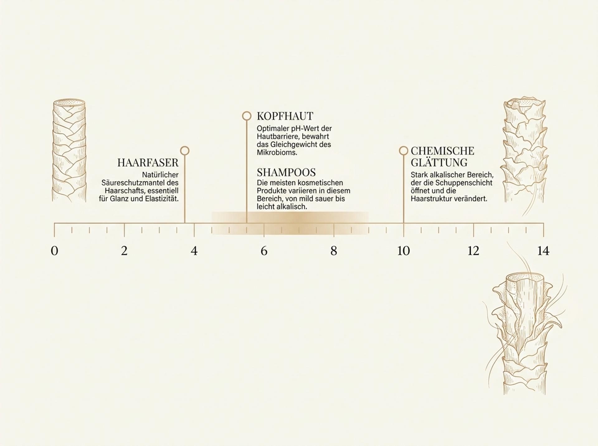 Infografik in HaarLuxus-Palette: pH-Skala von 0 bis 14 mit vier Ankerpunkten – Haarfaser bei 3,67, Kopfhaut bei 5,5, Shampoo-Spannweite und die alkalische Zone chemischer Glättung ab pH 9, flankiert von Zeichnungen geschlossener und geöffneter Schuppenschicht