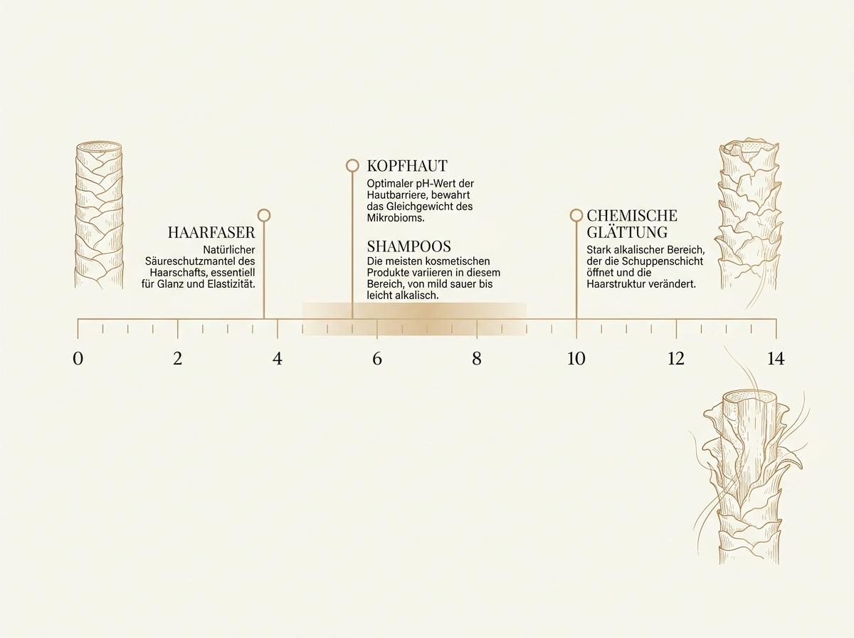 Infografik in HaarLuxus-Palette: pH-Skala von 0 bis 14 mit vier Ankerpunkten – Haarfaser bei 3,67, Kopfhaut bei 5,5, Shampoo-Spannweite und die alkalische Zone chemischer Glättung ab pH 9, flankiert von Zeichnungen geschlossener und geöffneter Schuppenschicht