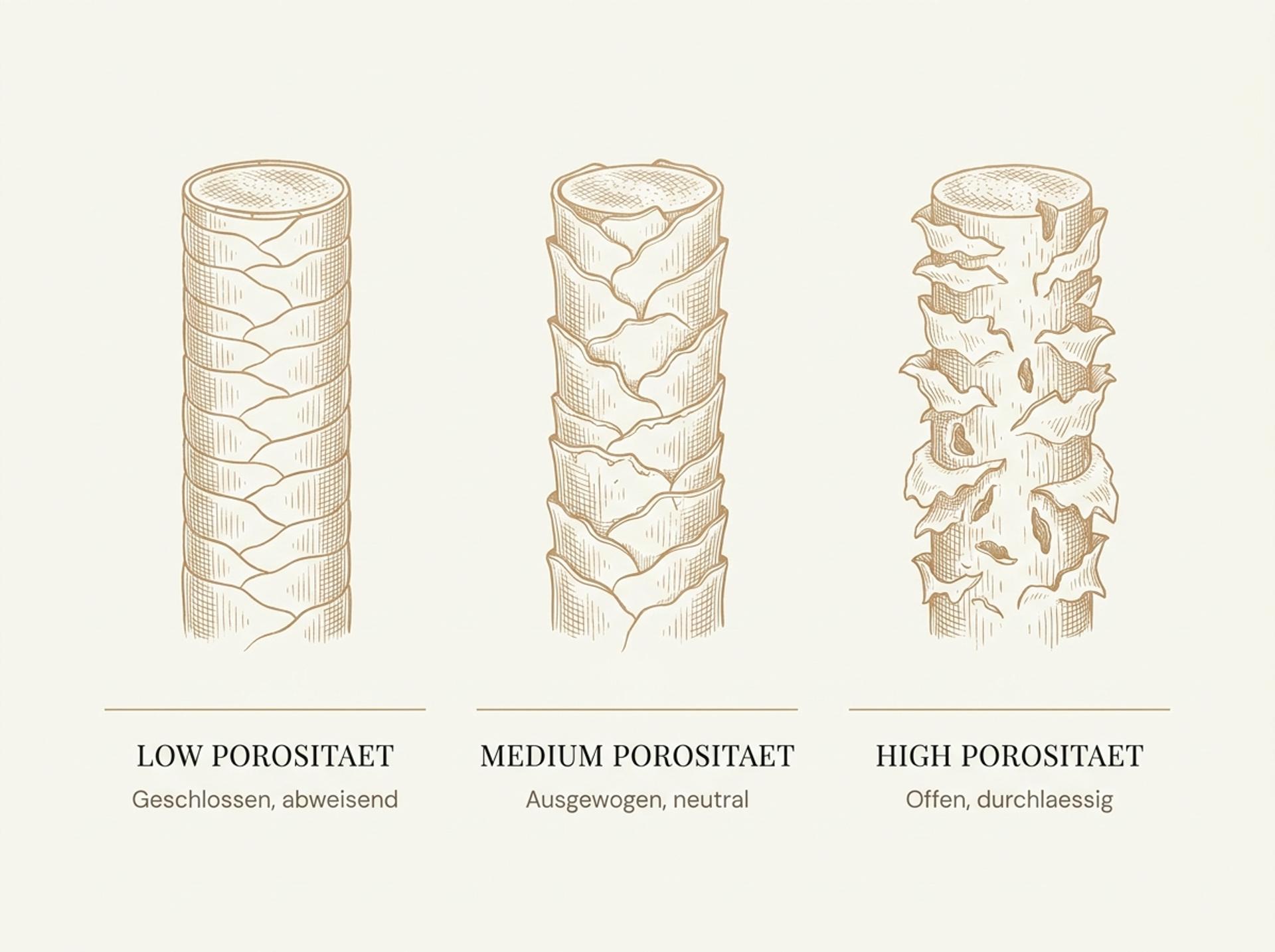 Wissenschaftliche Illustration der Haar-Porositätsstufen Low/Medium/High mit Cuticula-Querschnitten in warmen Goldtönen