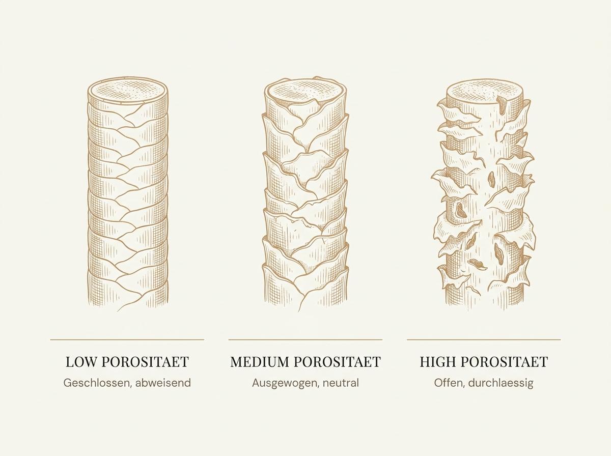 Wissenschaftliche Illustration der Haar-Porositätsstufen Low/Medium/High mit Cuticula-Querschnitten in warmen Goldtönen