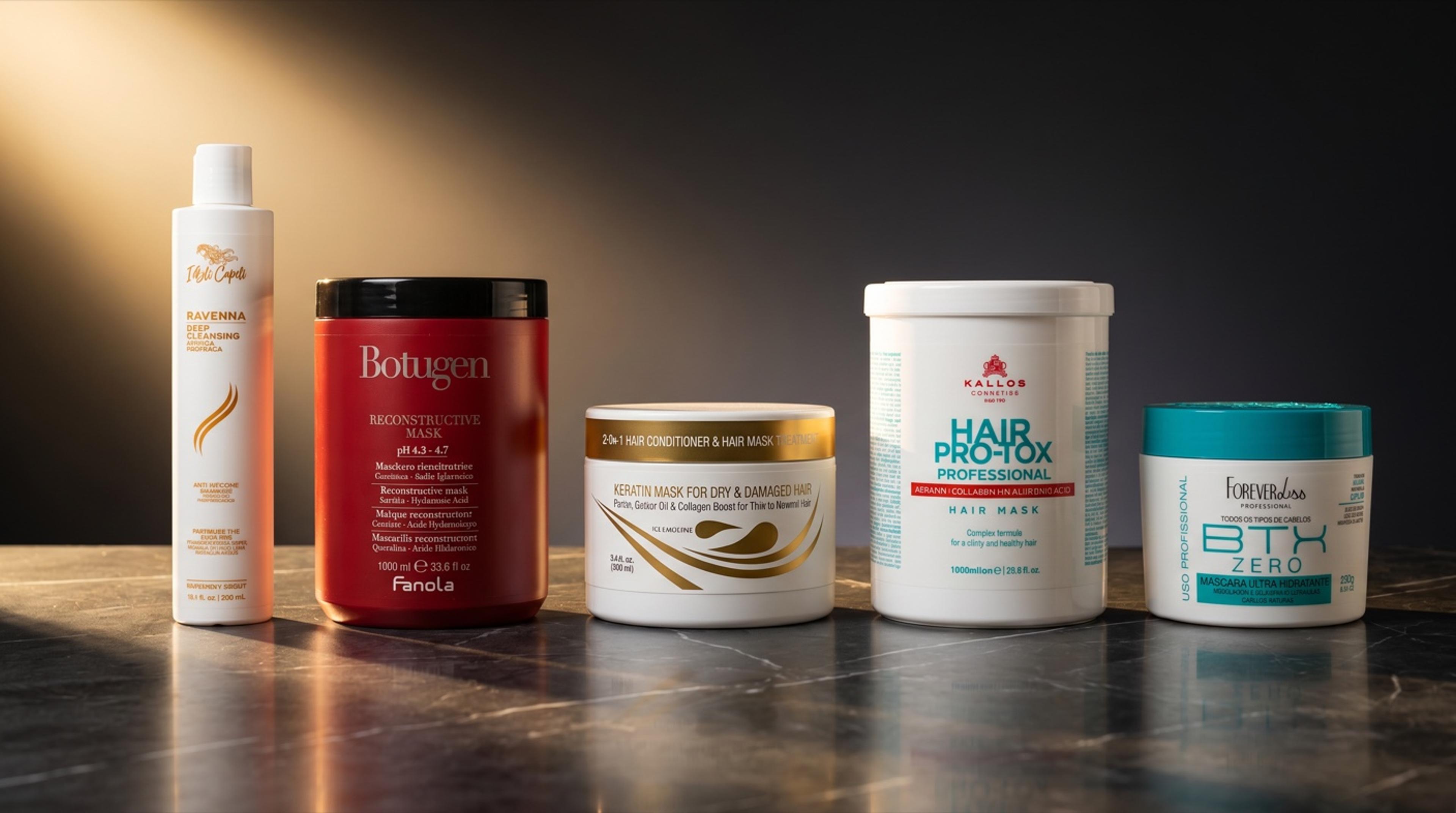 Die fünf besten Hair-Botox-Pflegekuren 2026 stehend auf dunklem Marmor in warmem Seitenlicht – Premium-Editorial-Vergleichs-Hero HaarLuxus