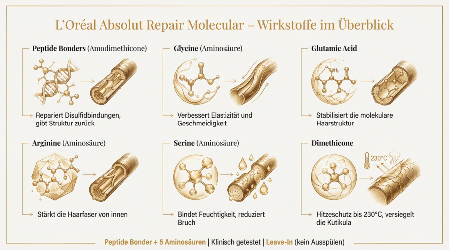 L'Oréal Absolut Repair Molecular – Wirkstoffe im Überblick: Peptide Bonder, Arginine, Glycine, Serine, Glutamic Acid, Dimethicone