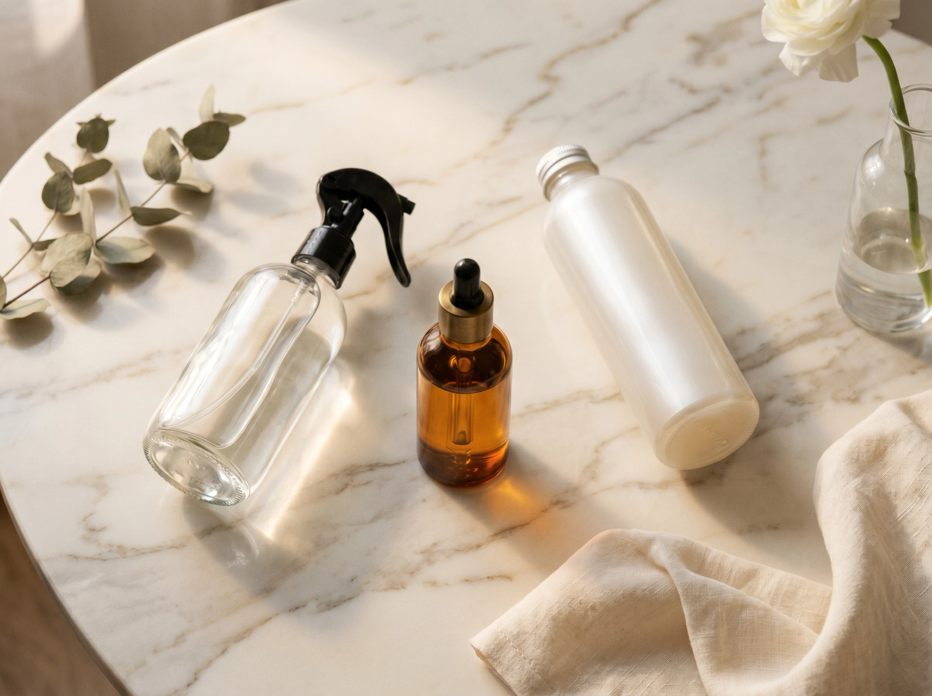 Editorial Still-Life: drei label-freie amber-glas Apothekerflaschen unterschiedlicher Form auf cream marble – visualisiert die drei Wirkstoff-Klassen Silikon-Spray, Bond-active Öl und Pflanzen-Hybrid-Spray nebeneinander, warmes Fensterlicht