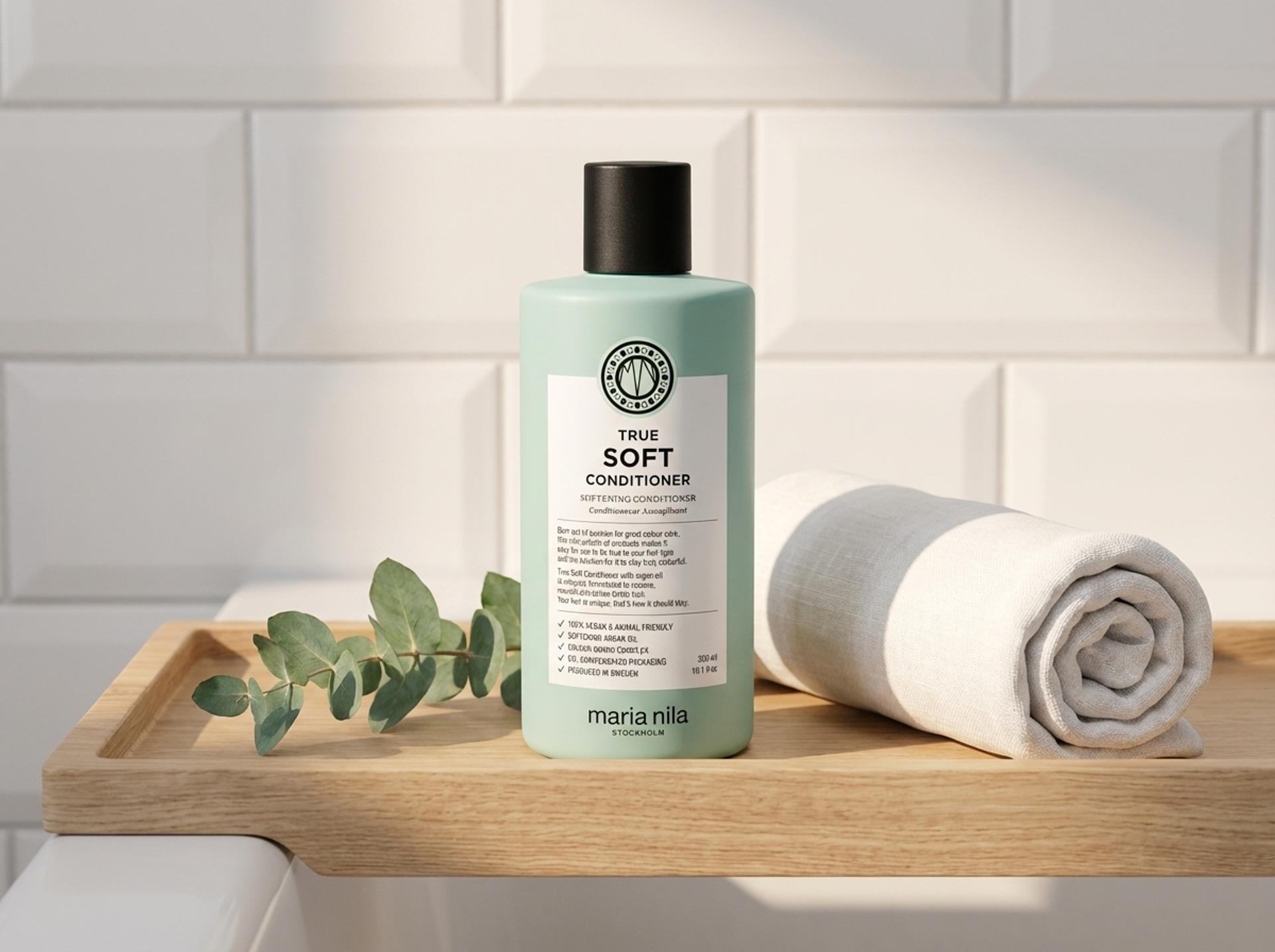 Maria Nila True Soft Conditioner auf Holztablett mit Eukalyptus und Leinentuch