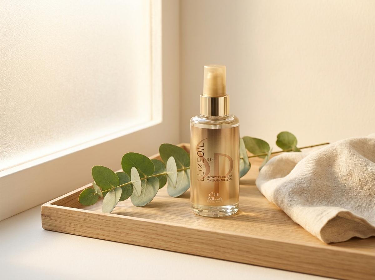 Wella SP LuxeOil auf hellem Holztablett mit Eukalyptuszweigen und naturweißem Leinentuch