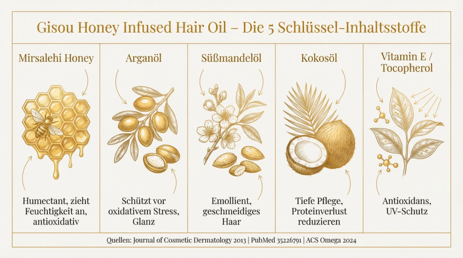 Gisou Honey Infused Hair Oil – Die 5 Schlüssel-Inhaltsstoffe: Mirsalehi Honey, Arganöl, Süßmandelöl, Kokosöl, Vitamin E