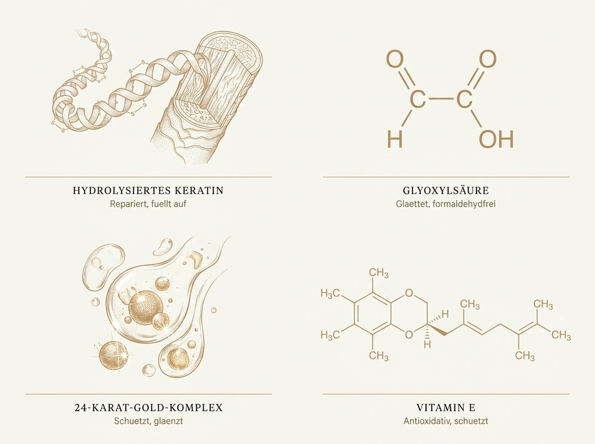 Infografik zu den vier Wirkstoffen im Cocochoco Gold Keratin Treatment: Hydrolysiertes Keratin, Glyoxylsäure, 24-Karat-Gold-Komplex und Vitamin E