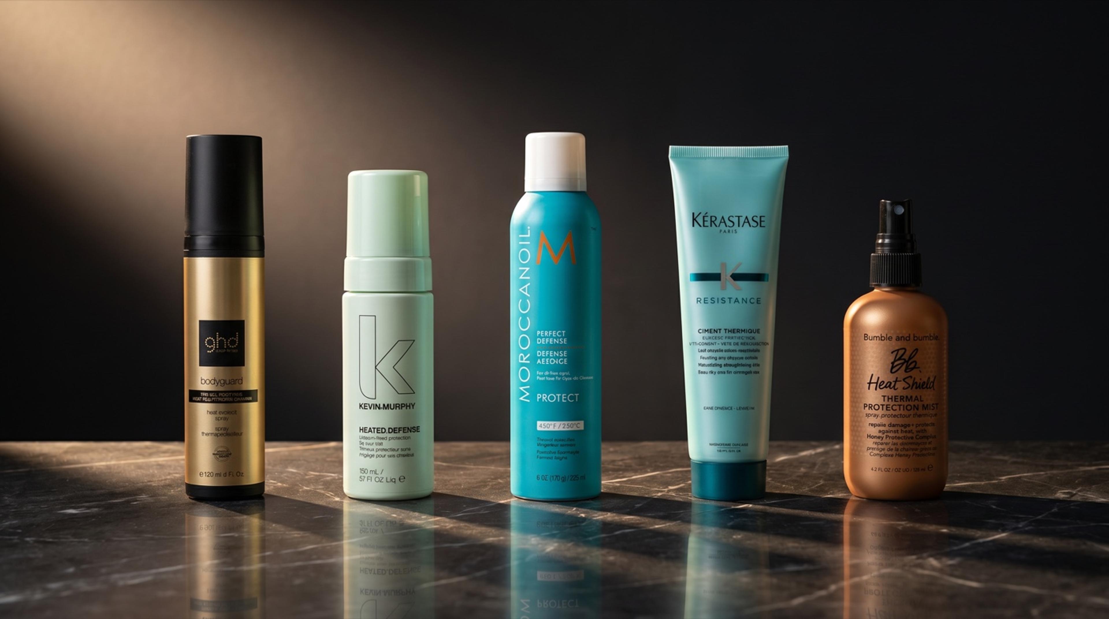 Die fünf besten Hitzeschutz-Sprays 2026 stehend auf dunklem Marmor in warmem Seitenlicht – Premium-Editorial-Vergleichs-Hero HaarLuxus