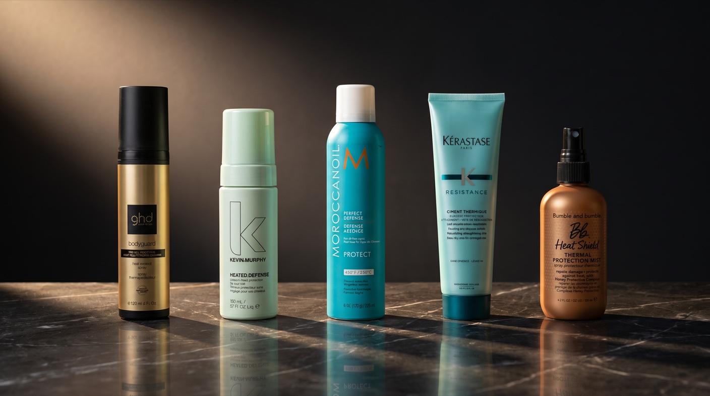 Die fünf besten Hitzeschutz-Sprays 2026 stehend auf dunklem Marmor in warmem Seitenlicht – Premium-Editorial-Vergleichs-Hero HaarLuxus