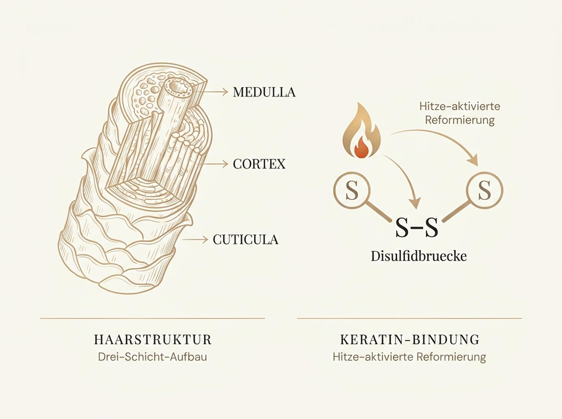 Wissenschaftliche Illustration einer Haarstrang-Querschnitts-Anatomie mit Cuticula-Schuppen, Cortex und Disulfidbrücken in warmen Goldtoenen