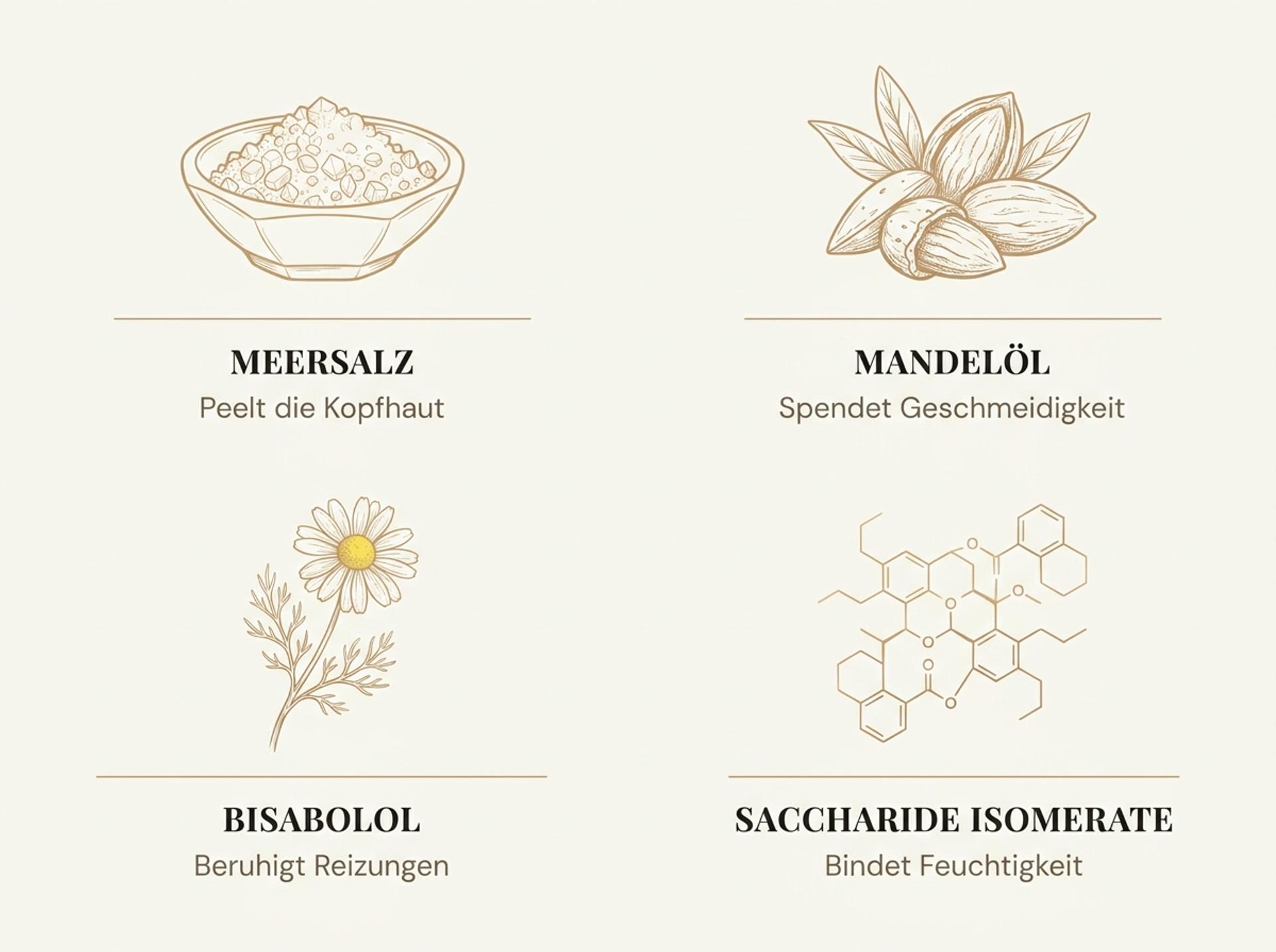 Infografik zu den vier Wirkstoffen im Christophe Robin Sea Salt Scrub: Meersalz, Sweet-Almond-Öl, Bisabolol und Saccharide Isomerate