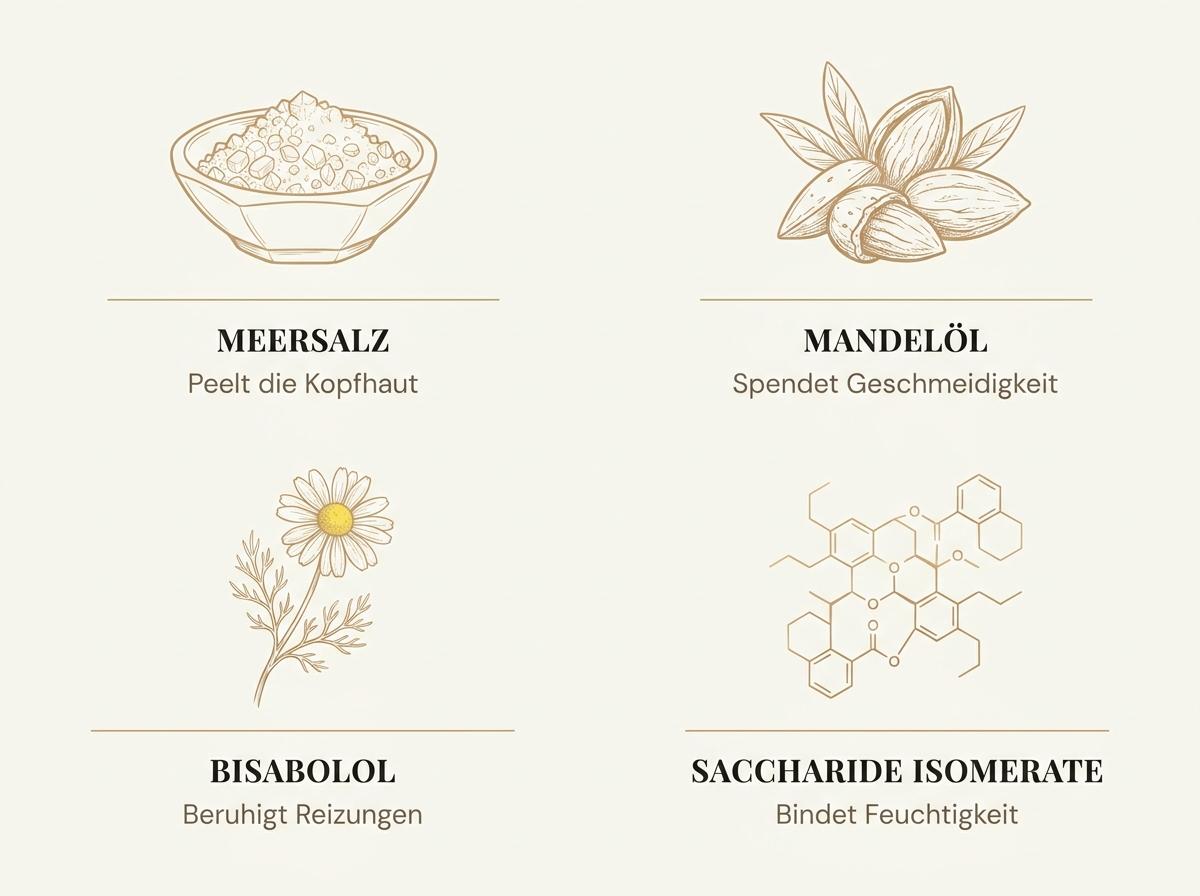 Infografik zu den vier Wirkstoffen im Christophe Robin Sea Salt Scrub: Meersalz, Sweet-Almond-Öl, Bisabolol und Saccharide Isomerate