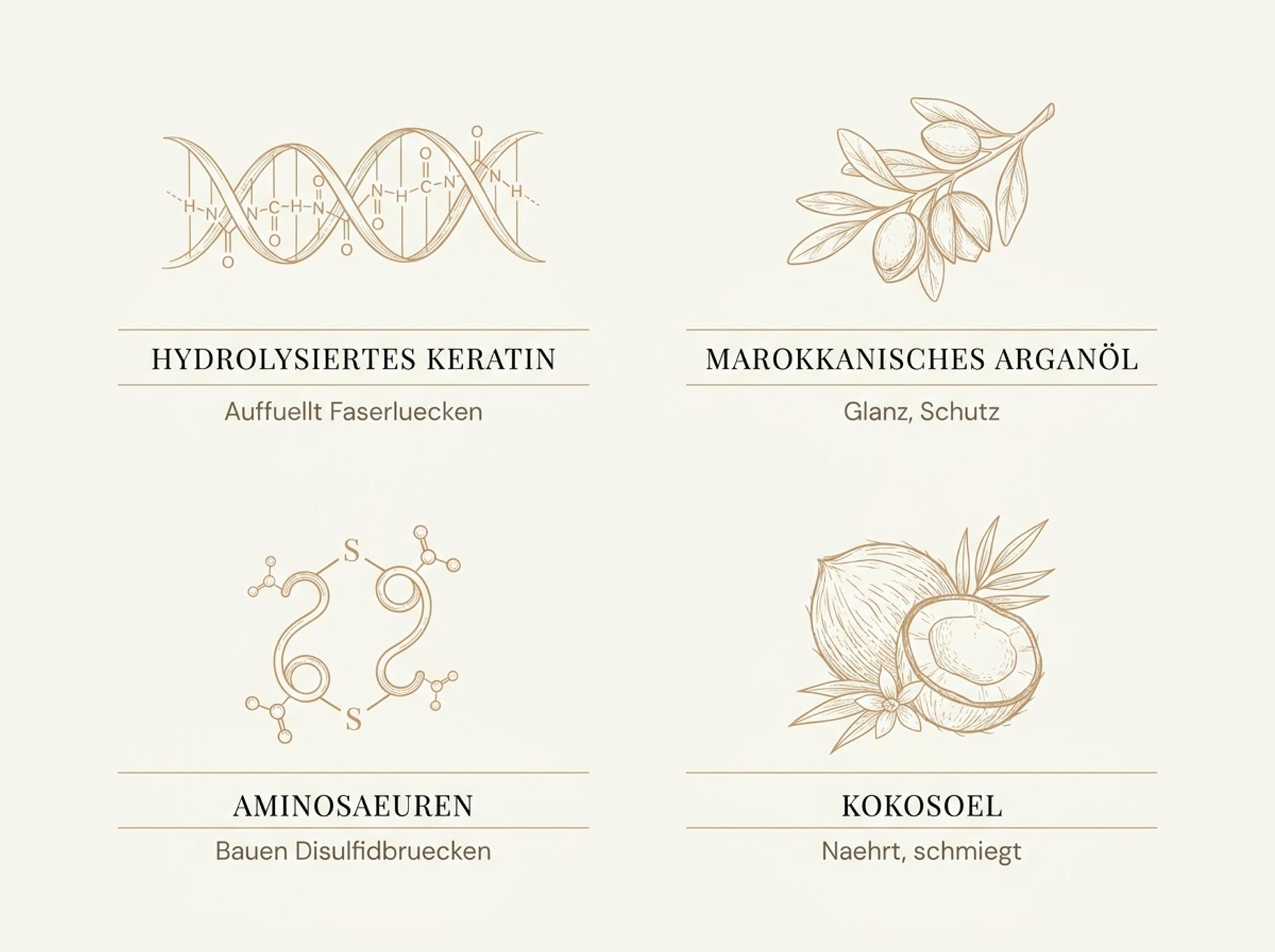 Infografik zu den vier Komponenten des Moroccan Keratin Sets: Clarifying Shampoo, Keratin-Behandlung, Pflege-Shampoo und Pflege-Conditioner