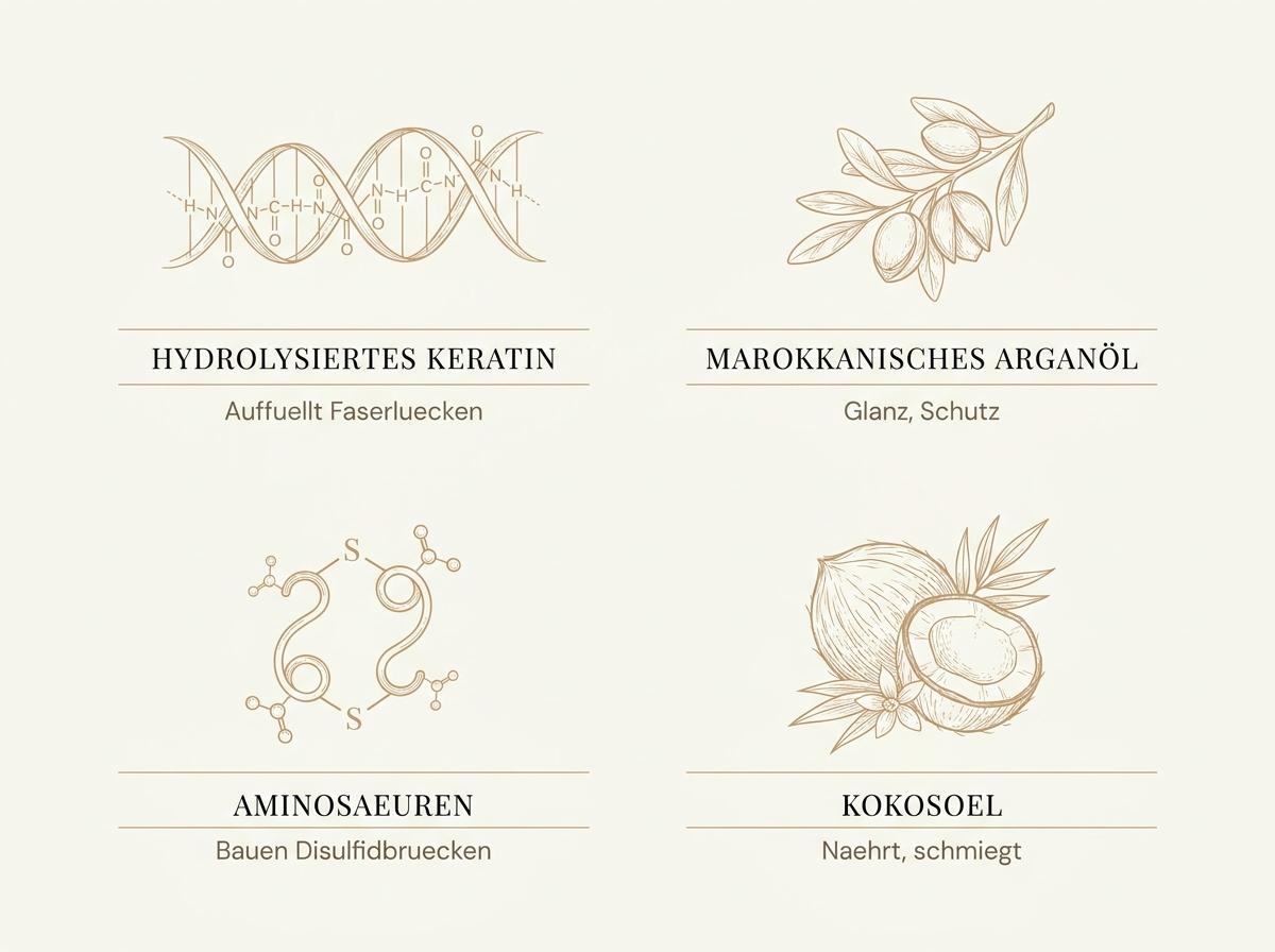 Infografik zu den vier Komponenten des Moroccan Keratin Sets: Clarifying Shampoo, Keratin-Behandlung, Pflege-Shampoo und Pflege-Conditioner