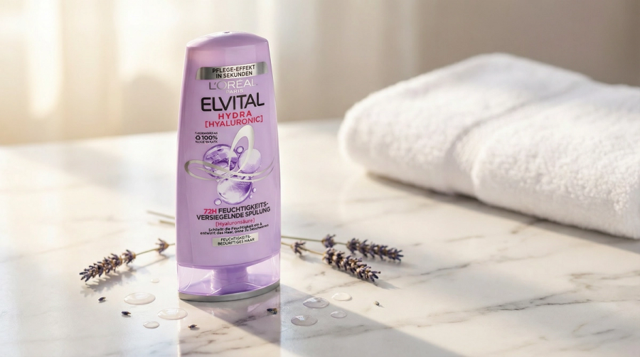 L'Oréal Elvital Hydra Hyaluronic Conditioner in einer luxuriösen Badezimmer-Szene auf Marmor mit Lavendel