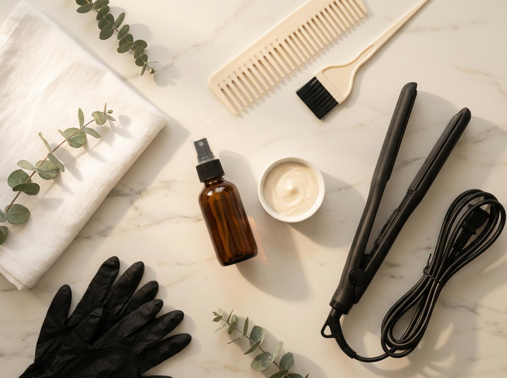 Anwendungs-Flatlay einer Keratin-Heimbehandlung auf Marmor – Glättungs-Set, Glätteisen, Schutzhandschuhe und Pinsel im warmen Morgenlicht